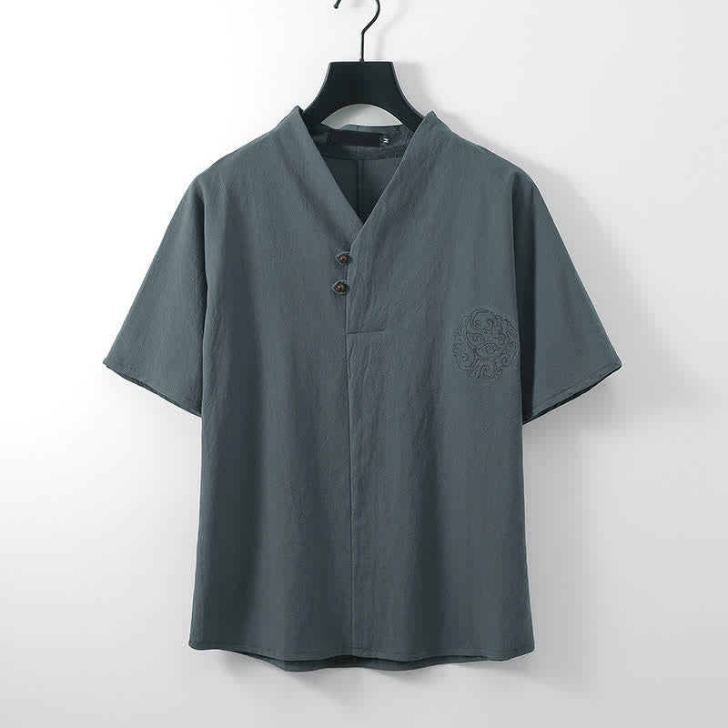 Buddha Stones 2Pcs Summer Tang Style Casual Embroidery Solid Cotton Linen Short Sleeve Shirt Shorts Men's Meditation Cloth With Pocket - image 1