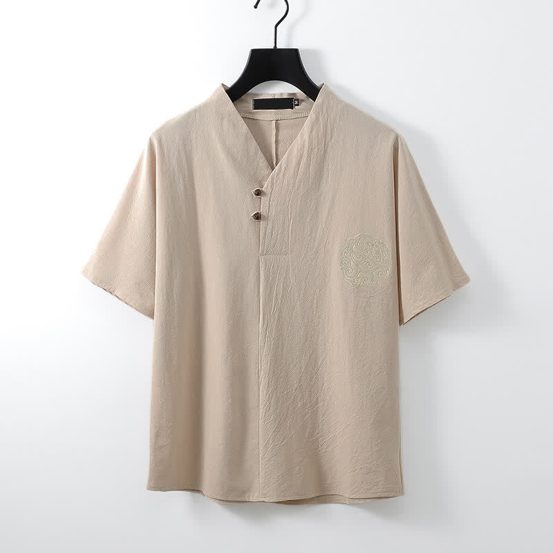 Buddha Stones 2Pcs Summer Tang Style Casual Embroidery Solid Cotton Linen Short Sleeve Shirt Shorts Men's Meditation Cloth With Pocket - image 10
