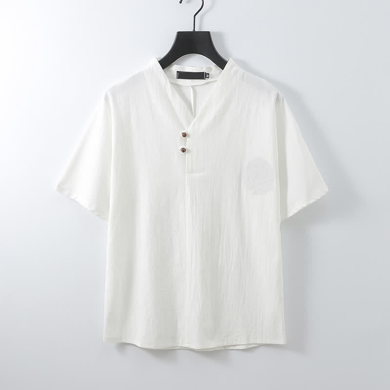 Buddha Stones 2Pcs Summer Tang Style Casual Embroidery Solid Cotton Linen Short Sleeve Shirt Shorts Men's Meditation Cloth With Pocket - image 13
