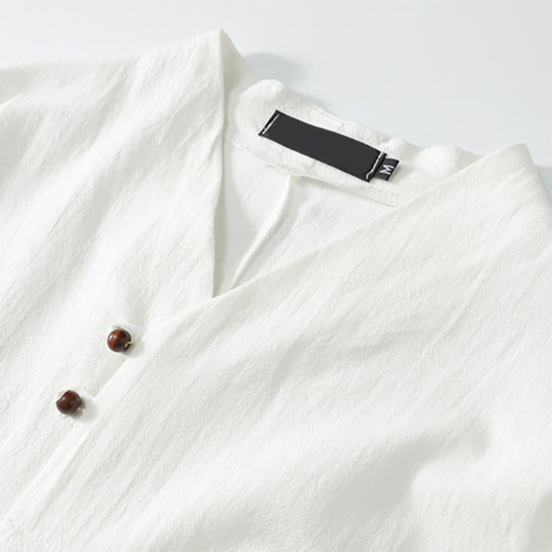 Buddha Stones 2Pcs Summer Tang Style Casual Embroidery Solid Cotton Linen Short Sleeve Shirt Shorts Men's Meditation Cloth With Pocket - image 17