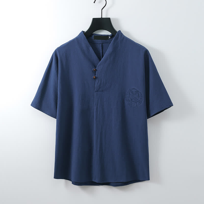 Buddha Stones 2Pcs Summer Tang Style Casual Embroidery Solid Cotton Linen Short Sleeve Shirt Shorts Men's Meditation Cloth With Pocket - image 7