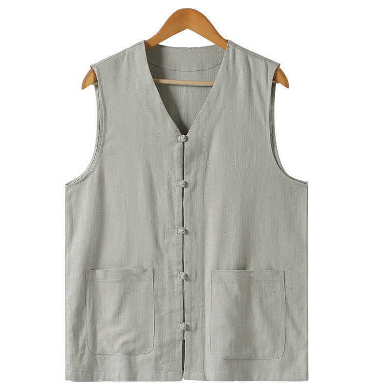 Buddha Stones Summer Tang Style Casual Frog Button Solid V-Neck Tank Top Men's Sleeveless Shirts With Pockets - LightGray - US/UK/AU46, EU56 (5XL) - image 2