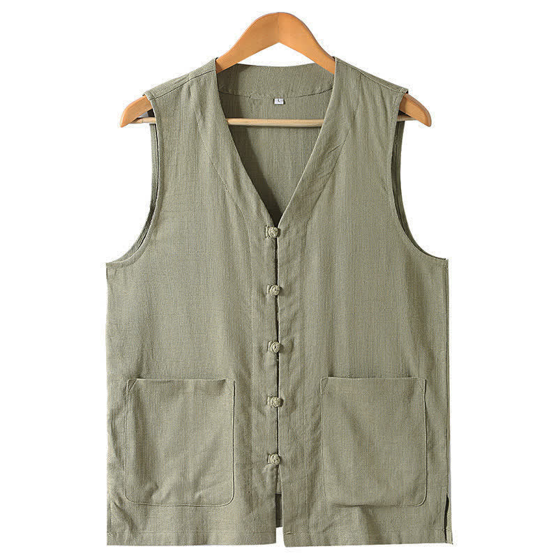 Buddha Stones Summer Tang Style Casual Frog Button Solid V-Neck Tank Top Men's Sleeveless Shirts With Pockets - DarkKhaki - US/UK/AU46, EU56 (5XL) - image 1