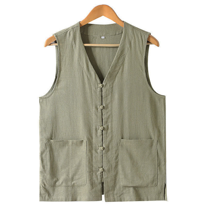 Buddha Stones Summer Tang Style Casual Frog Button Solid V-Neck Tank Top Men's Sleeveless Shirts With Pockets - DarkKhaki - US/UK/AU46, EU56 (5XL) - image 1