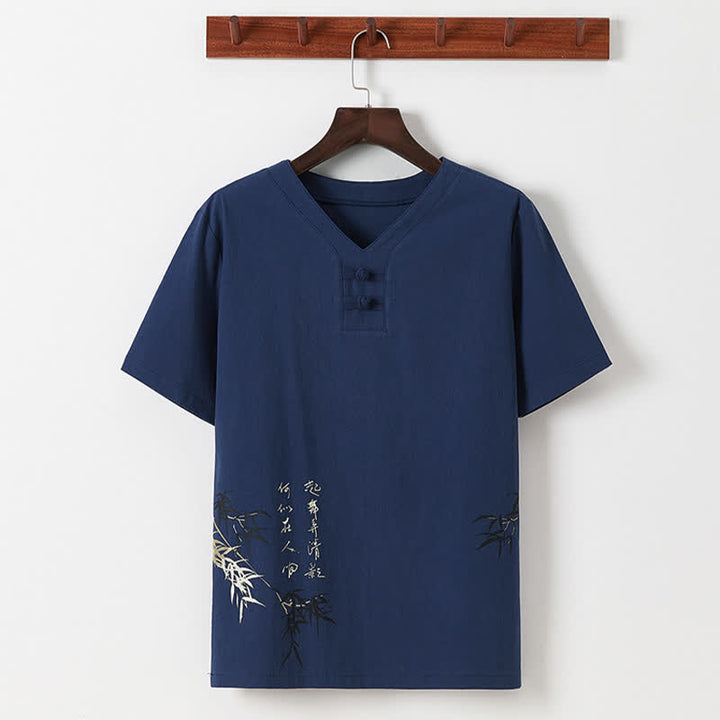 Buddha Stones 2Pcs Summer Tang Style Casual Frog Button Bamboo Print Cotton Linen Short Sleeve Shirt Pants Men's Meditation Cloth With Pockets - image 2