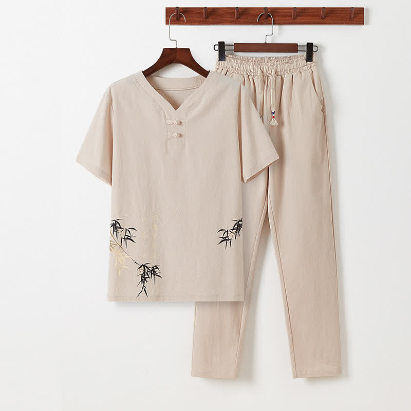 Buddha Stones 2Pcs Summer Tang Style Casual Frog Button Bamboo Print Cotton Linen Short Sleeve Shirt Pants Men's Meditation Cloth With Pockets - Beige - US/UK/AU46, EU56 (5XL) - image 19