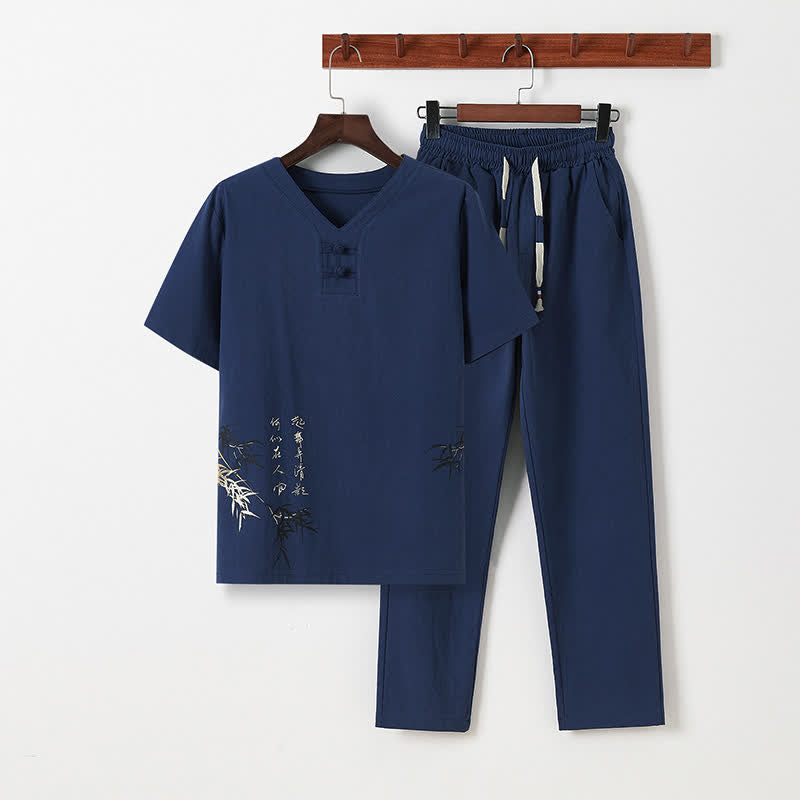 Buddha Stones 2Pcs Summer Tang Style Casual Frog Button Bamboo Print Cotton Linen Short Sleeve Shirt Pants Men's Meditation Cloth With Pockets - Navy - US/UK/AU46, EU56 (5XL) - image 1