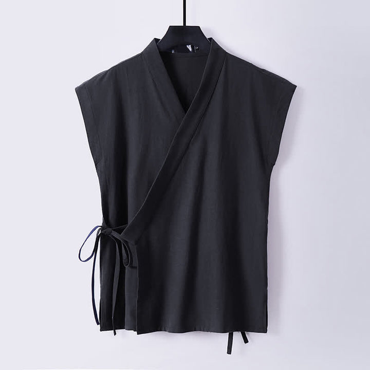 Buddha Stones 2Pcs Summer Meditation Tang Style Drawstring Solid Cotton Linen Short Sleeve Shirt Shorts Men's Meditation Cloth With Pockets - image 4