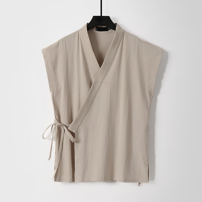 Buddha Stones 2Pcs Summer Meditation Tang Style Drawstring Solid Cotton Linen Short Sleeve Shirt Shorts Men's Meditation Cloth With Pockets - image 10