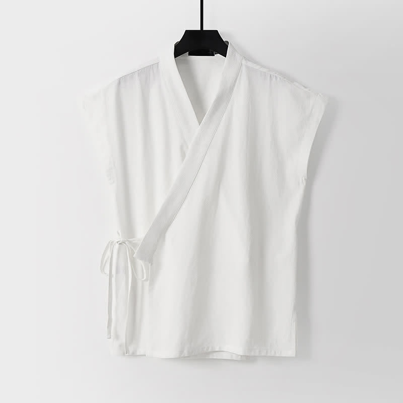 Buddha Stones 2Pcs Summer Meditation Tang Style Drawstring Solid Cotton Linen Short Sleeve Shirt Shorts Men's Meditation Cloth With Pockets - image 14
