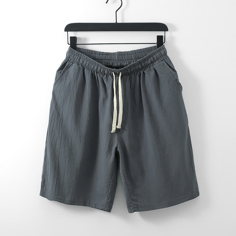 Buddha Stones 2Pcs Summer Meditation Tang Style Drawstring Solid Cotton Linen Short Sleeve Shirt Shorts Men's Meditation Cloth With Pockets - image 8