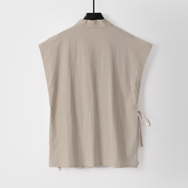 Buddha Stones 2Pcs Summer Meditation Tang Style Drawstring Solid Cotton Linen Short Sleeve Shirt Shorts Men's Meditation Cloth With Pockets - image 11