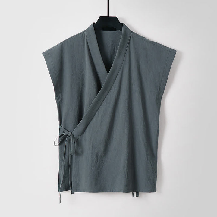 Buddha Stones 2Pcs Summer Meditation Tang Style Drawstring Solid Cotton Linen Short Sleeve Shirt Shorts Men's Meditation Cloth With Pockets - image 7