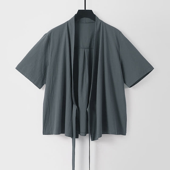 Buddha Stones Summer Casual Minimalist Short Sleeve Solid Lace-up Open Front Cotton Linen Men's Kimono - DimGray - US/UK/AU54, EU64 (9XL) - image 0
