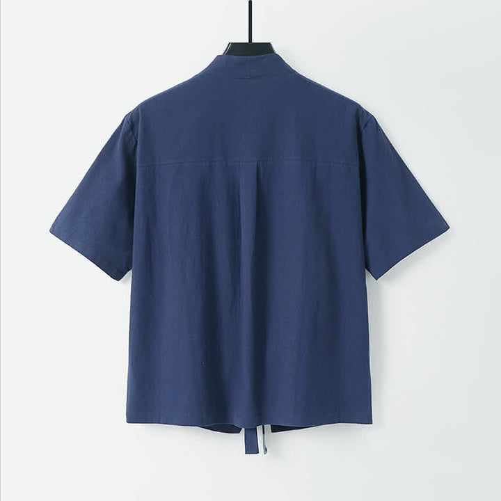 Buddha Stones Summer Casual Minimalist Short Sleeve Solid Lace-up Open Front Cotton Linen Men's Kimono - image 8
