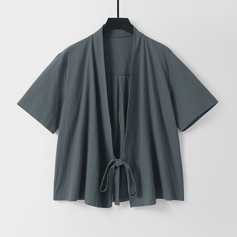 Buddha Stones Summer Casual Minimalist Short Sleeve Solid Lace-up Open Front Cotton Linen Men's Kimono - image 1