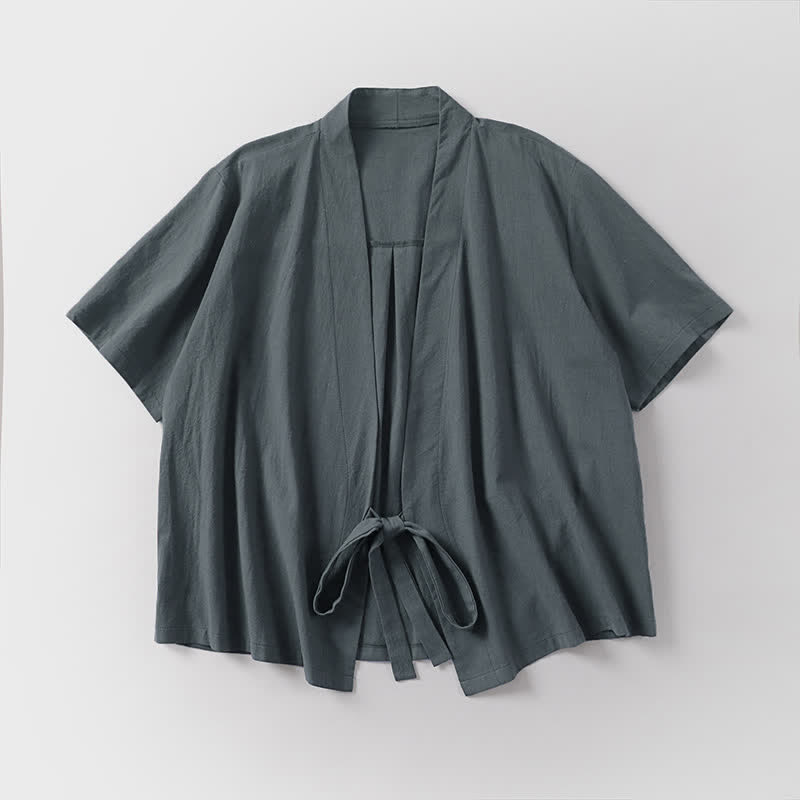 Buddha Stones Summer Casual Minimalist Short Sleeve Solid Lace-up Open Front Cotton Linen Men's Kimono - image 2