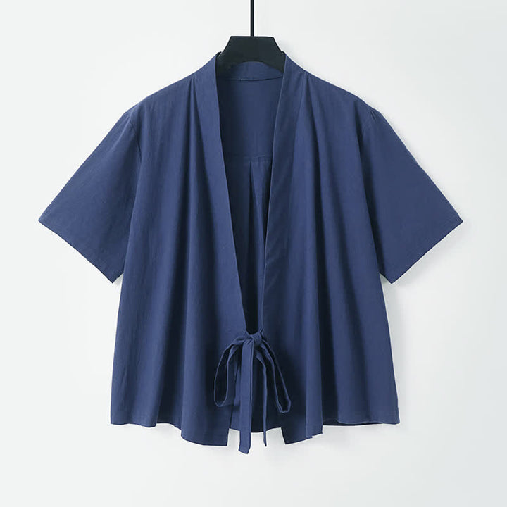 Buddha Stones Summer Casual Minimalist Short Sleeve Solid Lace-up Open Front Cotton Linen Men's Kimono - Navy - US/UK/AU54, EU64 (9XL) - image 5