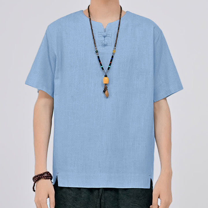Buddha Stones Summer Tang Style Minimalist Two Frog Button Crew Neck Solid Men's Short Sleeve Shirts - image 17