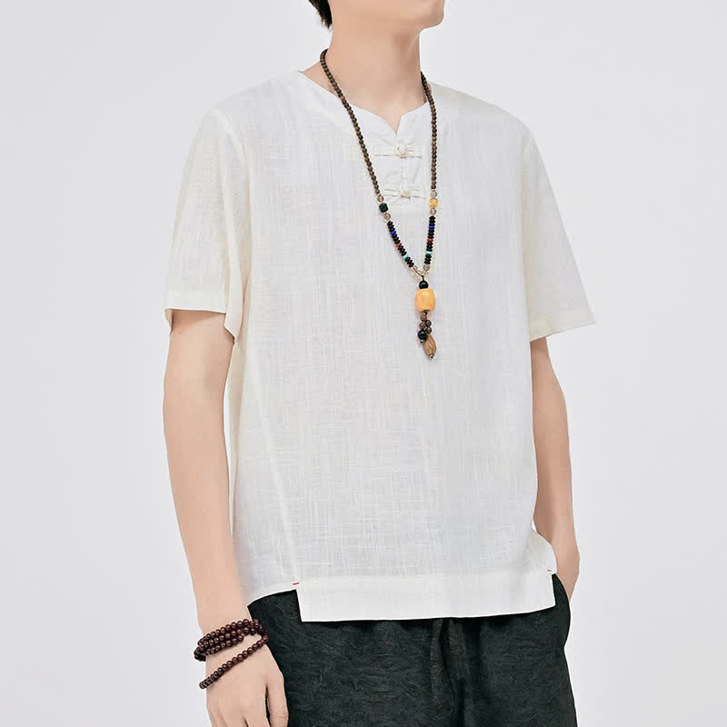 Buddha Stones Summer Tang Style Minimalist Two Frog Button Crew Neck Solid Men's Short Sleeve Shirts - image 1