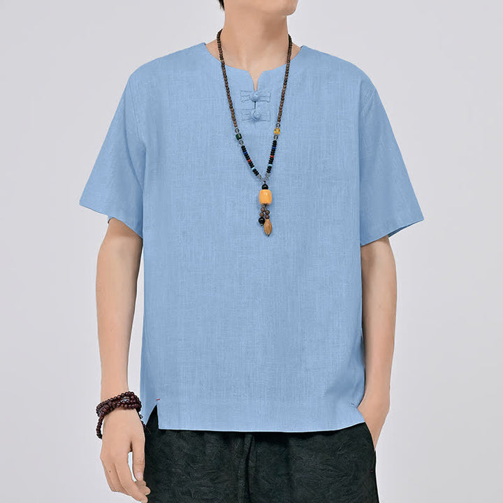 Buddha Stones Summer Tang Style Minimalist Two Frog Button Crew Neck Solid Men's Short Sleeve Shirts - LightBlue - US/UK/AU46, EU56 (5XL) - image 14