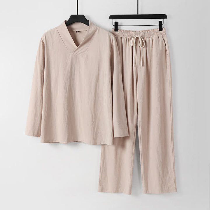 Buddha Stones Cross-Collars Cotton Linen Tang Suit Hanfu Top Pants Clothing Men's Set - Bisque - US/UK/AU54，EU64 (9XL) - image 10