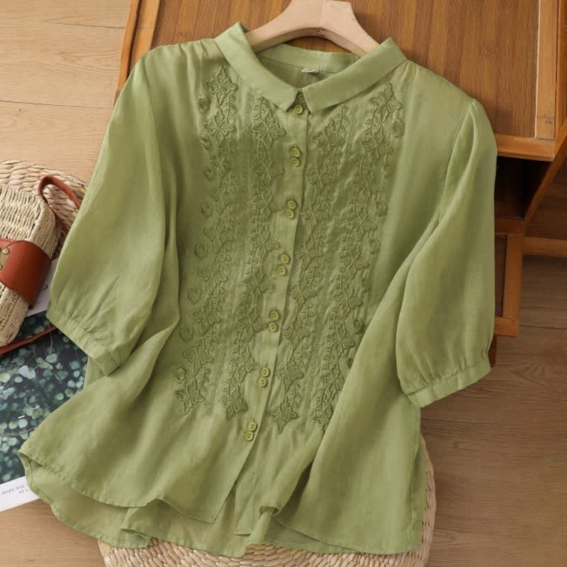 Buddha Stones Summer Plain Button Embroidery Flower Pattern Three Quarter Sleeve Lapel Women's Shirt - image 1