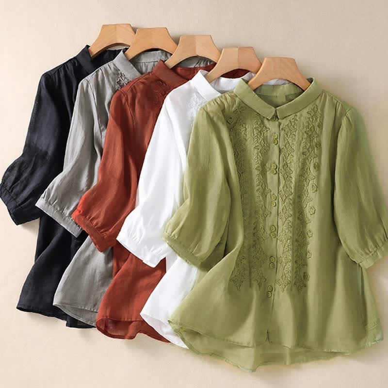 Buddha Stones Summer Plain Button Embroidery Flower Pattern Three Quarter Sleeve Lapel Women's Shirt - image 32