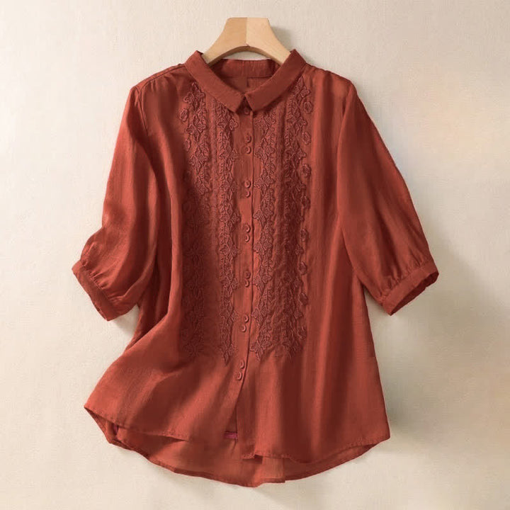 Buddha Stones Summer Plain Button Embroidery Flower Pattern Three Quarter Sleeve Lapel Women's Shirt - Red - US8-10，UK/AU12-14，EU40-42 (2XL) - image 19