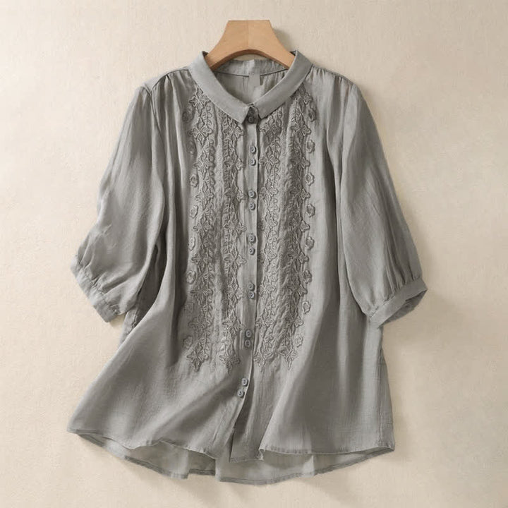 Buddha Stones Summer Plain Button Embroidery Flower Pattern Three Quarter Sleeve Lapel Women's Shirt - DarkGray - US8-10，UK/AU12-14，EU40-42 (2XL) - image 13