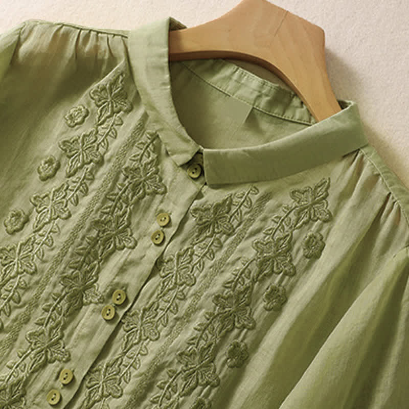 Buddha Stones Summer Plain Button Embroidery Flower Pattern Three Quarter Sleeve Lapel Women's Shirt - image 2