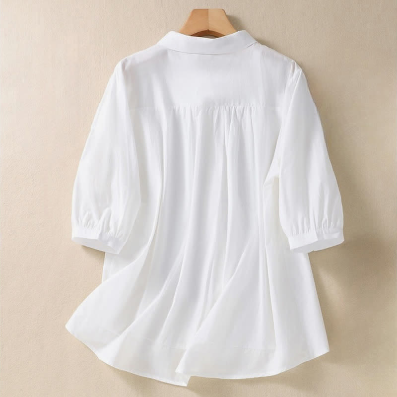 Buddha Stones Summer Plain Button Embroidery Flower Pattern Three Quarter Sleeve Lapel Women's Shirt - image 6