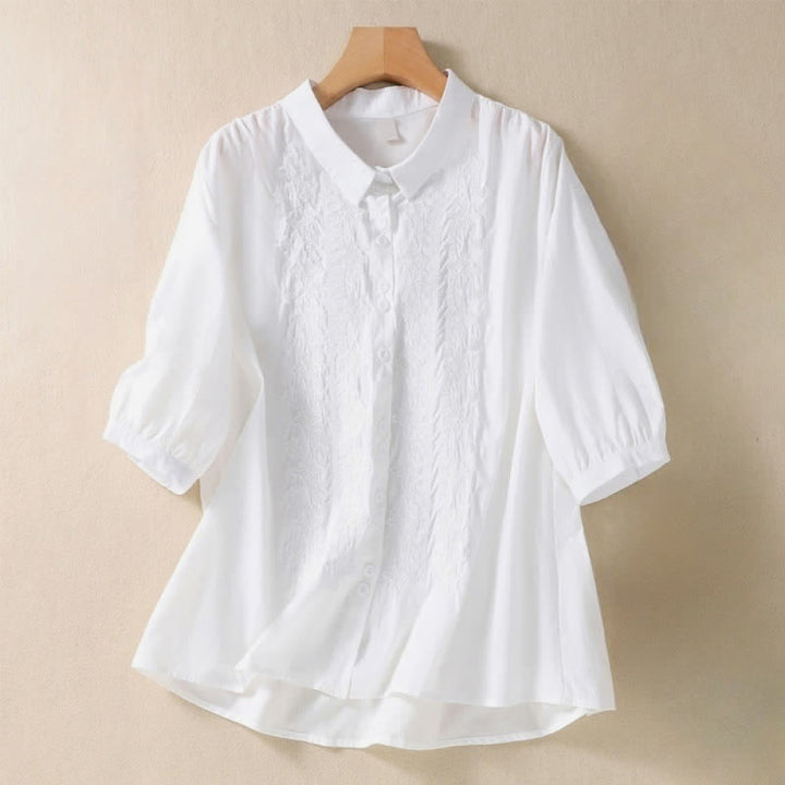 Buddha Stones Summer Plain Button Embroidery Flower Pattern Three Quarter Sleeve Lapel Women's Shirt - White - US8-10，UK/AU12-14，EU40-42 (2XL) - image 5
