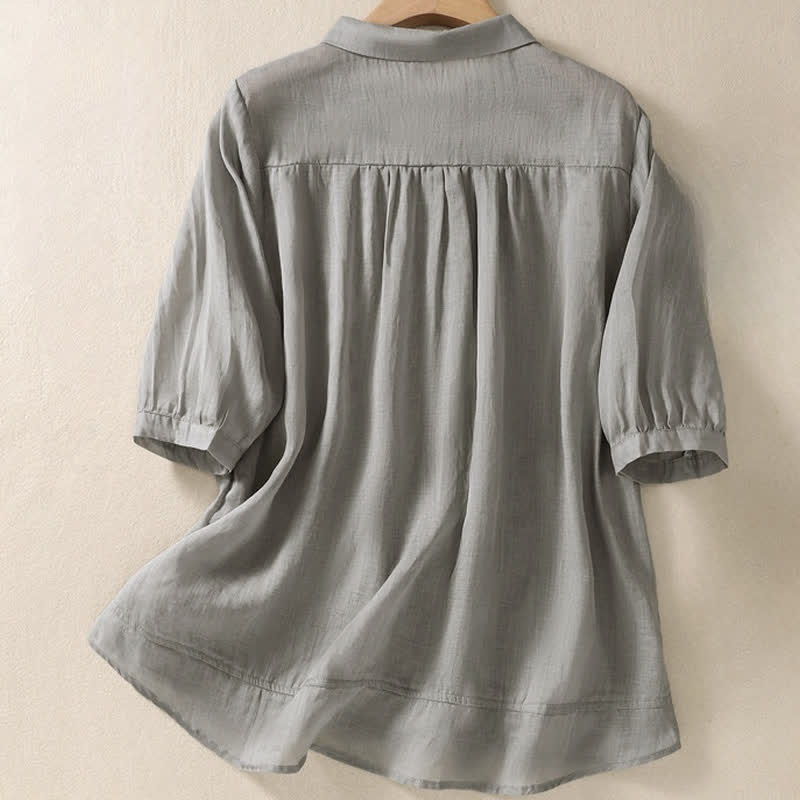 Buddha Stones Summer Plain Button Embroidery Flower Pattern Three Quarter Sleeve Lapel Women's Shirt - image 14
