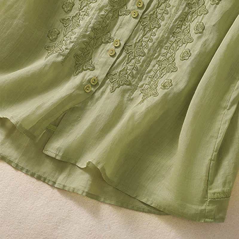 Buddha Stones Summer Plain Button Embroidery Flower Pattern Three Quarter Sleeve Lapel Women's Shirt - image 4