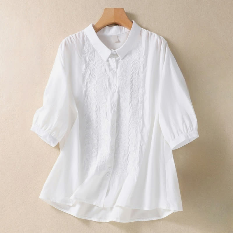 Buddha Stones Summer Plain Button Embroidery Flower Pattern Three Quarter Sleeve Lapel Women's Shirt - White - US12，UK/AU16，EU44 (2XL) - image 5