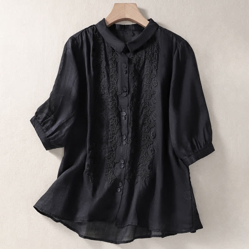 Buddha Stones Summer Plain Button Embroidery Flower Pattern Three Quarter Sleeve Lapel Women's Shirt - Black - US8-10，UK/AU12-14，EU40-42 (2XL) - image 26