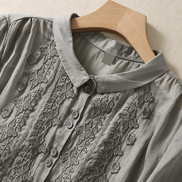 Buddha Stones Summer Plain Button Embroidery Flower Pattern Three Quarter Sleeve Lapel Women's Shirt - image 15