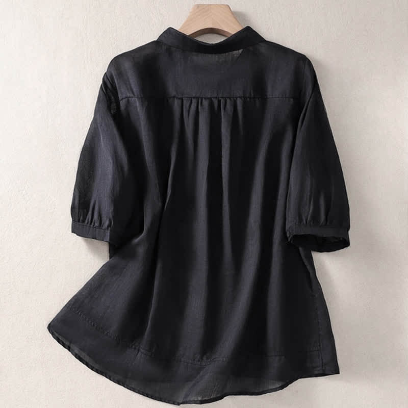 Buddha Stones Summer Plain Button Embroidery Flower Pattern Three Quarter Sleeve Lapel Women's Shirt - image 27