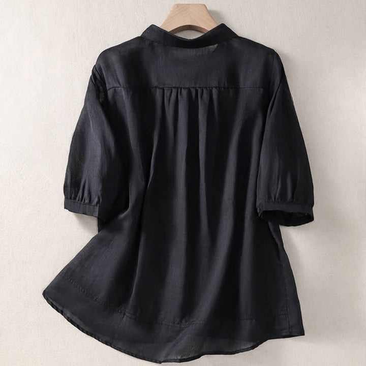 Buddha Stones Summer Plain Button Embroidery Flower Pattern Three Quarter Sleeve Lapel Women's Shirt - image 27