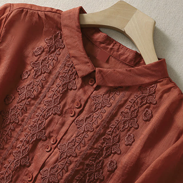 Buddha Stones Summer Plain Button Embroidery Flower Pattern Three Quarter Sleeve Lapel Women's Shirt - image 21