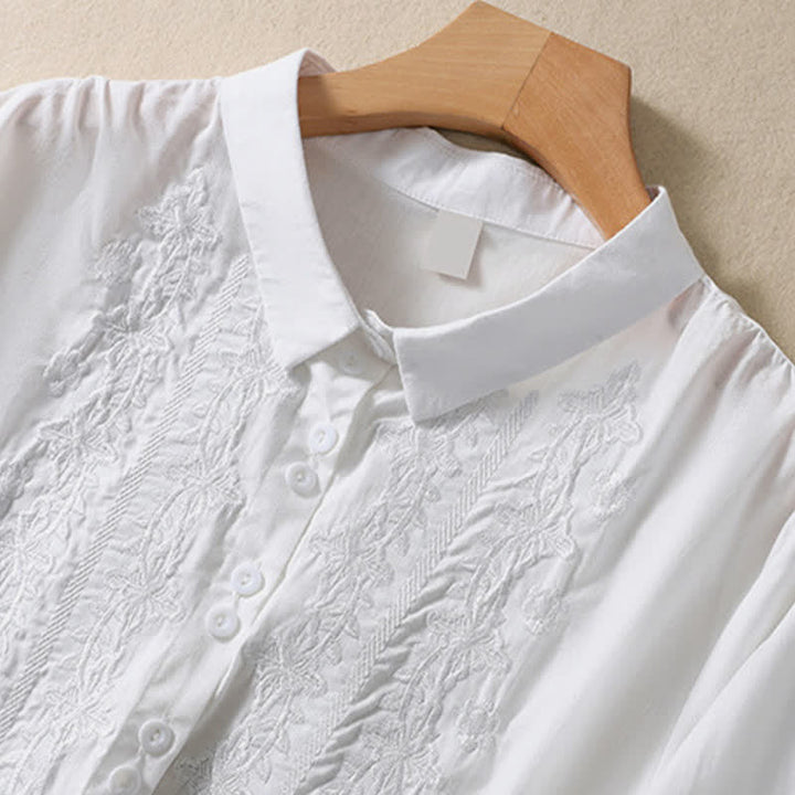Buddha Stones Summer Plain Button Embroidery Flower Pattern Three Quarter Sleeve Lapel Women's Shirt - image 7