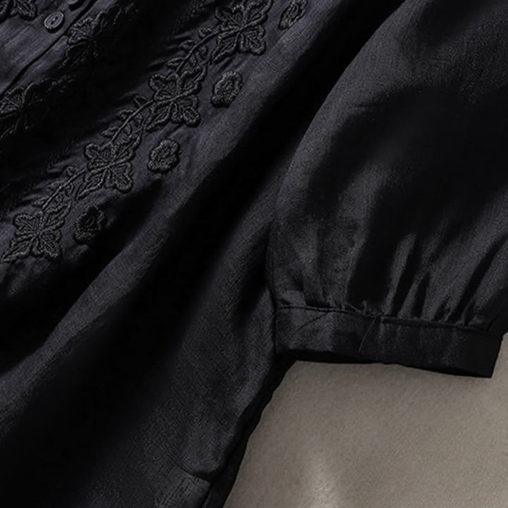 Buddha Stones Summer Plain Button Embroidery Flower Pattern Three Quarter Sleeve Lapel Women's Shirt - image 31