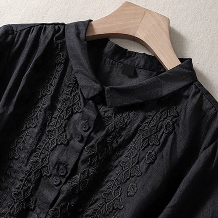 Buddha Stones Summer Plain Button Embroidery Flower Pattern Three Quarter Sleeve Lapel Women's Shirt - image 28