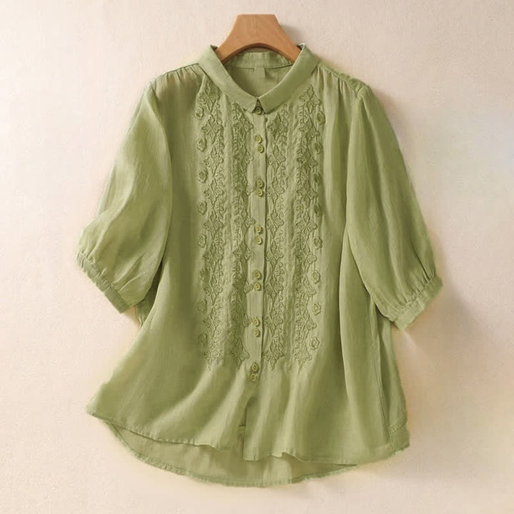 Buddha Stones Summer Plain Button Embroidery Flower Pattern Three Quarter Sleeve Lapel Women's Shirt - PaleGreen - US8-10，UK/AU12-14，EU40-42 (2XL) - image 0