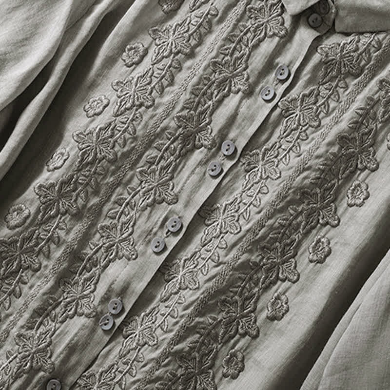 Buddha Stones Summer Plain Button Embroidery Flower Pattern Three Quarter Sleeve Lapel Women's Shirt - image 16