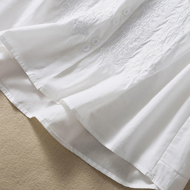Buddha Stones Summer Plain Button Embroidery Flower Pattern Three Quarter Sleeve Lapel Women's Shirt - image 11