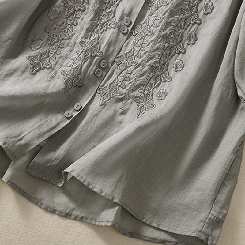Buddha Stones Summer Plain Button Embroidery Flower Pattern Three Quarter Sleeve Lapel Women's Shirt - image 18
