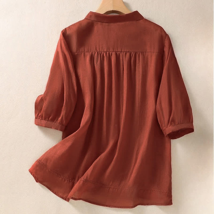 Buddha Stones Summer Plain Button Embroidery Flower Pattern Three Quarter Sleeve Lapel Women's Shirt - image 20
