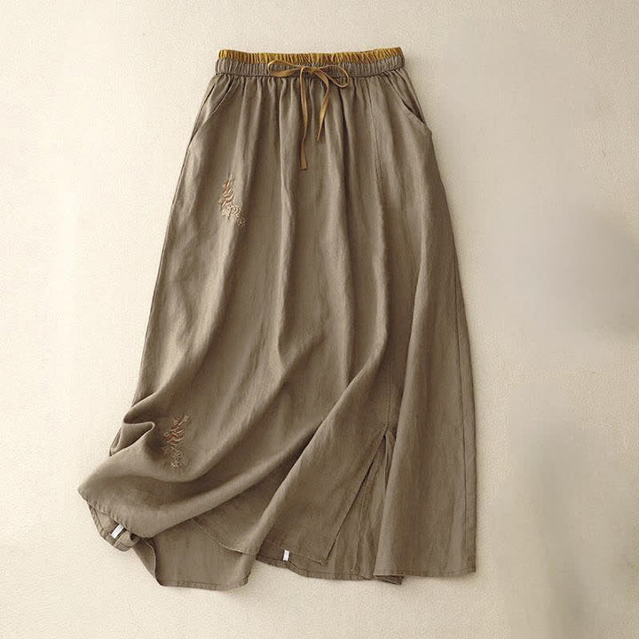 Buddha Stones Vintage Solid Embroidery Drawstring Women's Skirt With Pockets - Olive - US8-10，UK/AU12-14，EU40-42 (2XL) - image 0